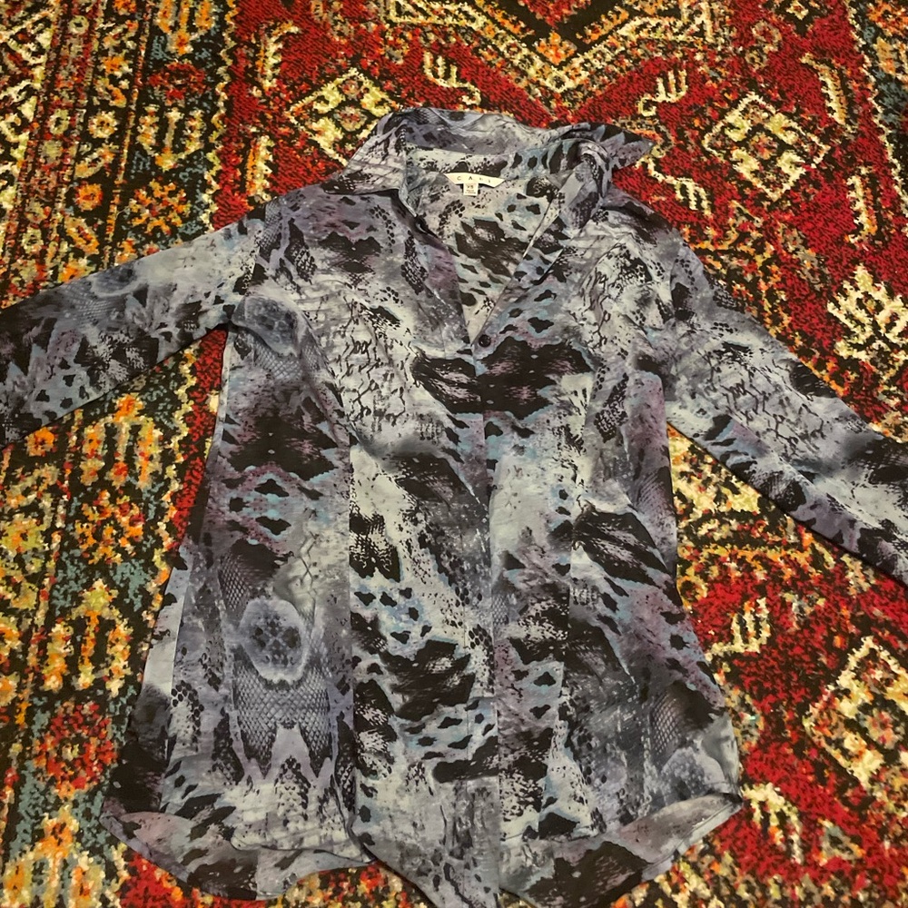 CAbi button up with funky blue pattern, size xs